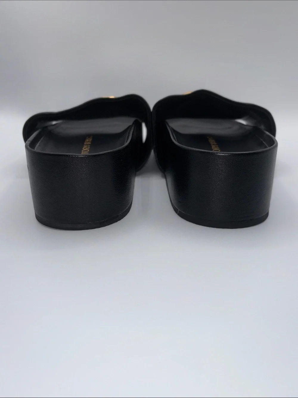 Tory Burch Black Leather Slide Sandals with Large Gold Discs